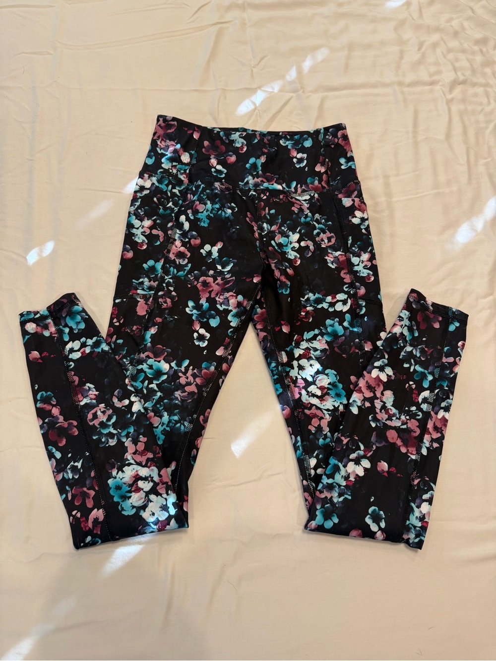 Avia Black Floral Print Girls' Leggings with Teal and Pink Accents